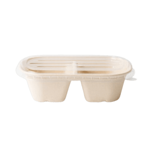 [라운드 호환S] 밀짚 펄프 용기 2칸 700m + PET뚜껑 세트 500개